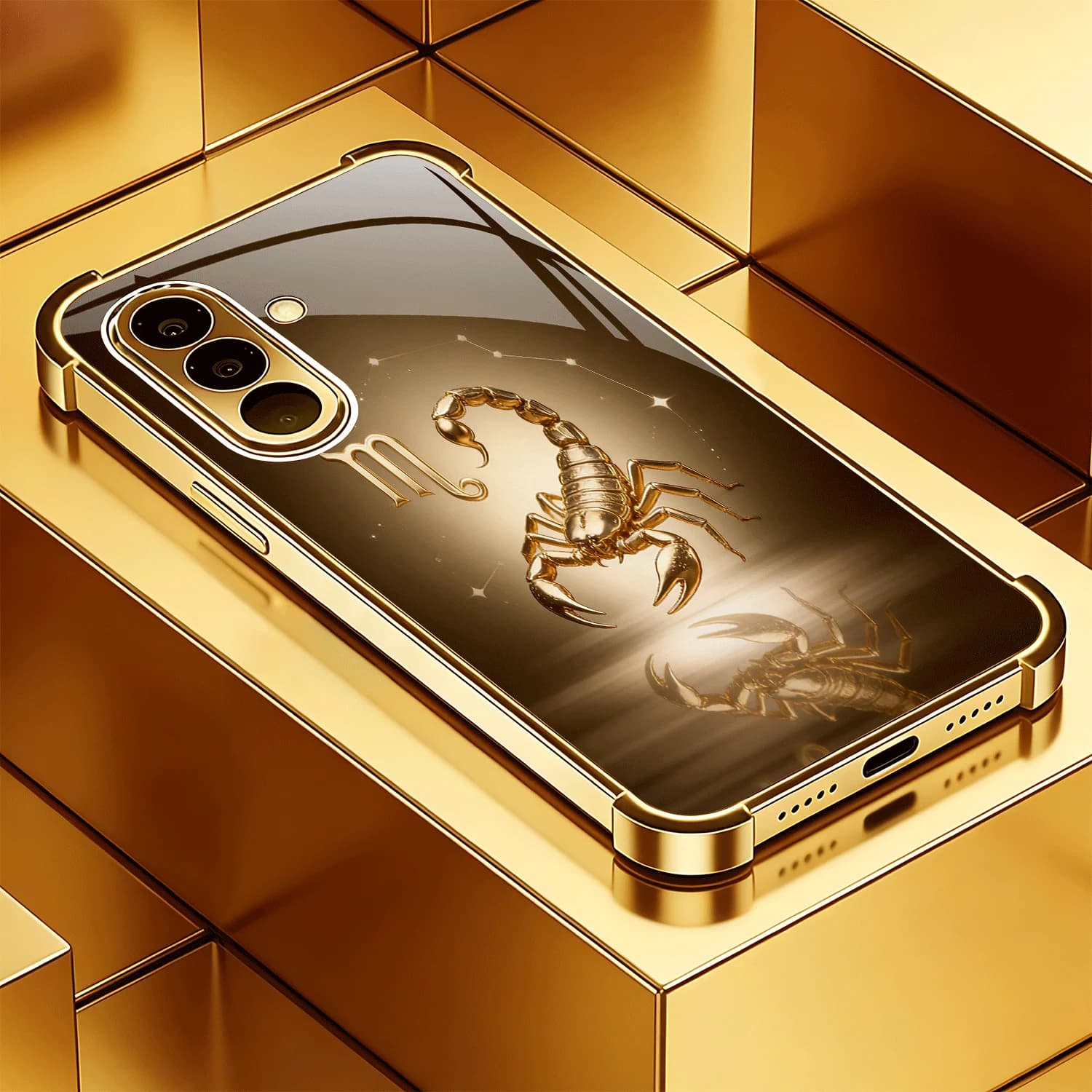 Trendy Scorpio Zodiac Sign Glass Case for Samsung Galaxy S26 S25 S24 S23 S22 S21 FE Ultra Plus, Gold Plated Edge Fashion Cover