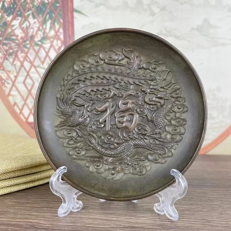 Antique Collection of Qing Dynasty Items: Dragon and Phoenix "Fu" Character Plates and Dishes with Old Patina, Traditional Home