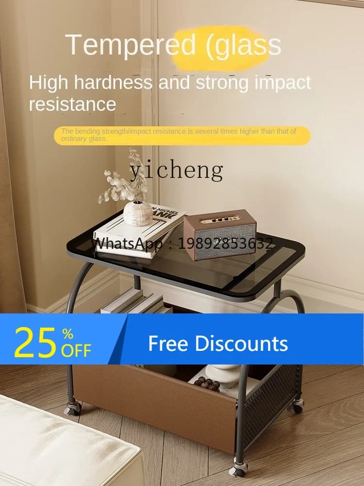LYY Removable Living Room Sofa Storage Glass Side Table Simple with Wheels Trolley