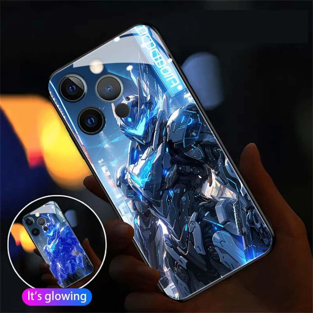 Winter Snow Mech Warrior Design Smart LED Light Glow Tempered Glass Phone Case For iPhone Air 17 16 15 14 13 12 11 Pro Max Plus