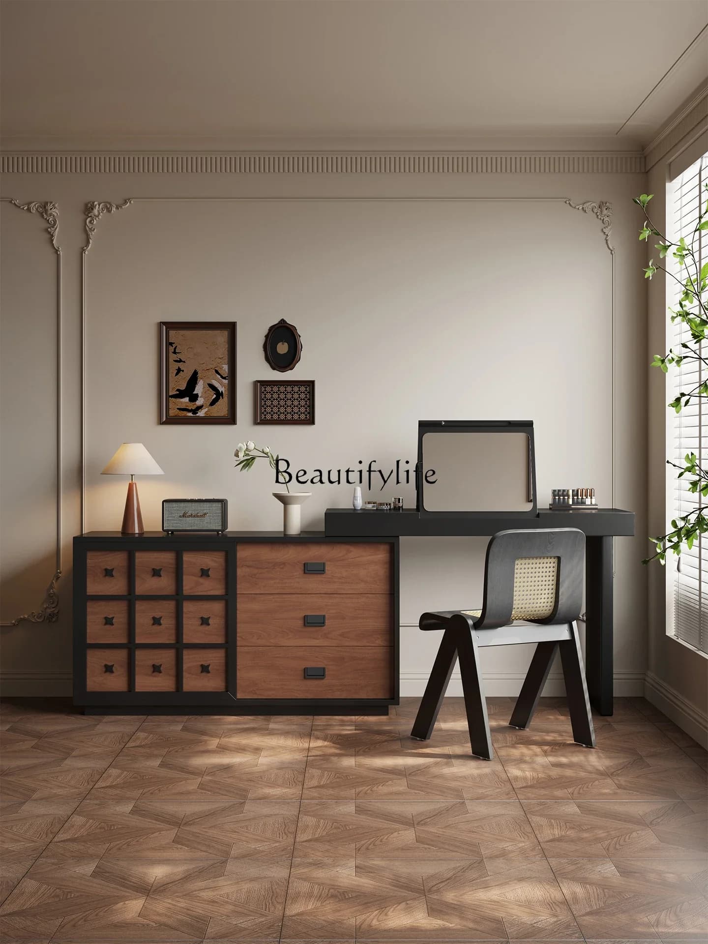 LJY**Flip mirror dresser chest cabinet integrated retro style retractable corner solid wood cosmetic cabinet
