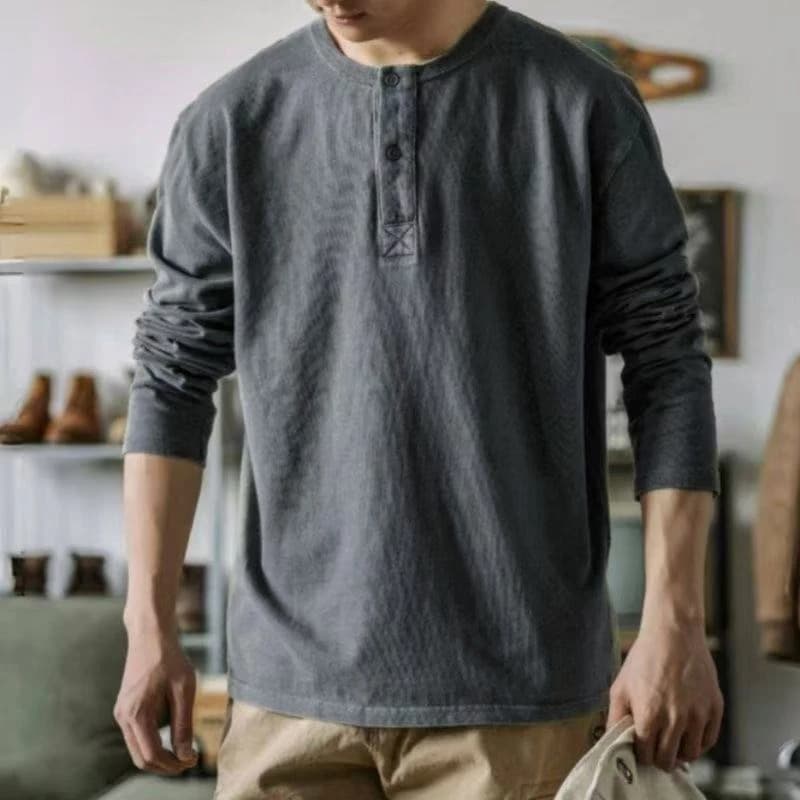 Men's Solid Color Retro Henley Long Sleeve T-Shirt New American Casual Loose Tough Guy Style Basic Bottoming Tops Spring Autumn