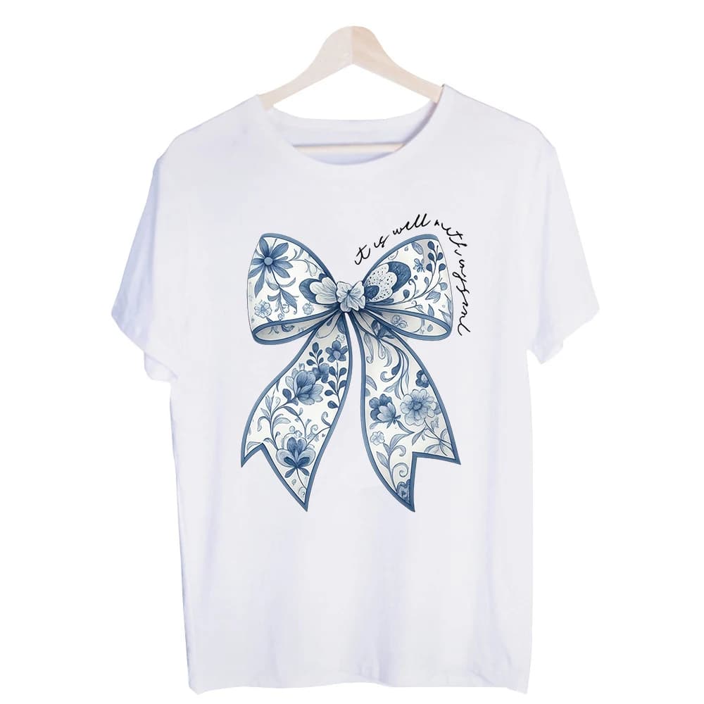 Women's Blue Floral Bow Graphic Tee, Short Sleeve Crew Neck T-Shirt for Casual Daily Wear and Summer Outfits
