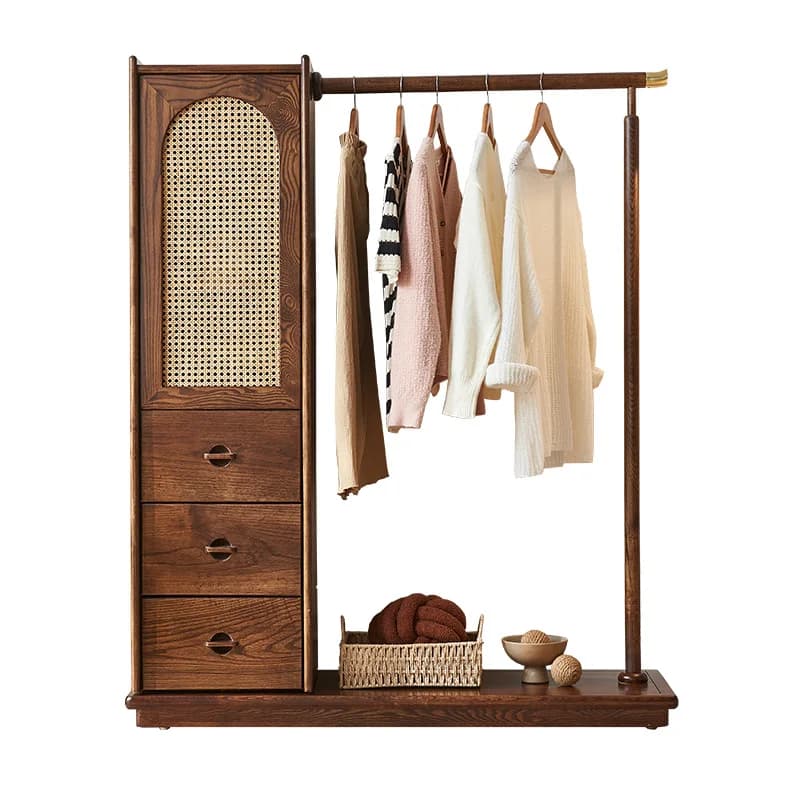LMM retro solid wood coat rack multi-functional rattan floor hanger