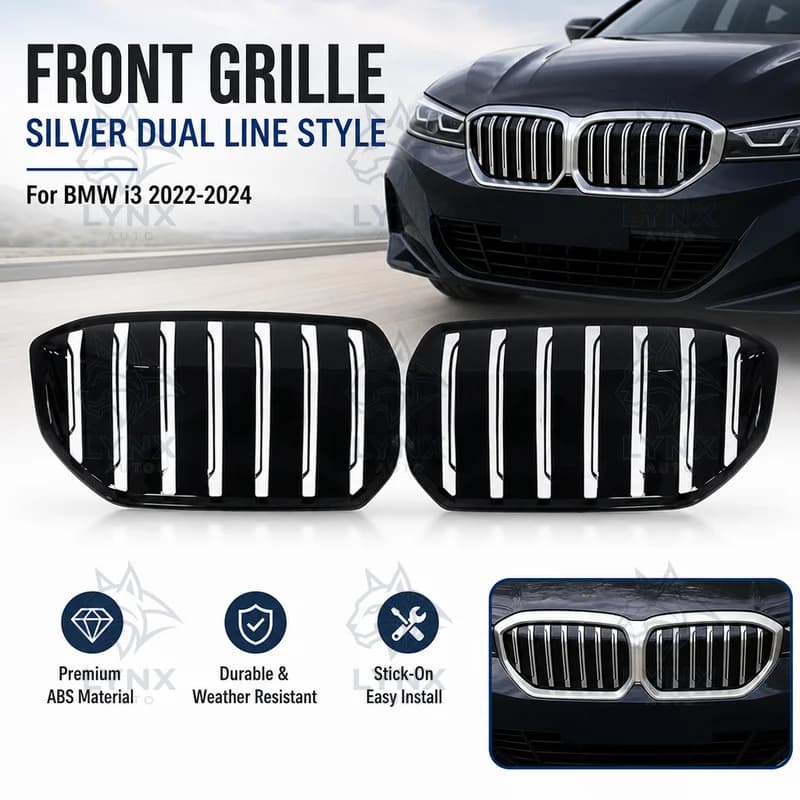Aftermarket For BMW Electric i3 2022-2024 Stick-On Vertical Bar Split Type Silver Dual Line Style Front Grille