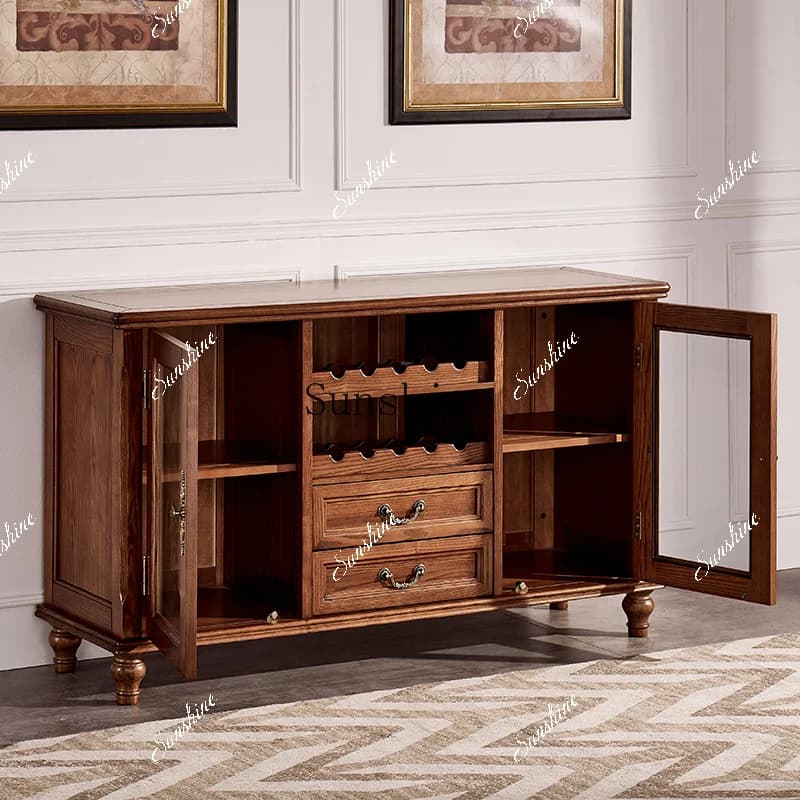 American all solid wood dining side living room simple beauty light luxury retro tea cabinet double door  FT
