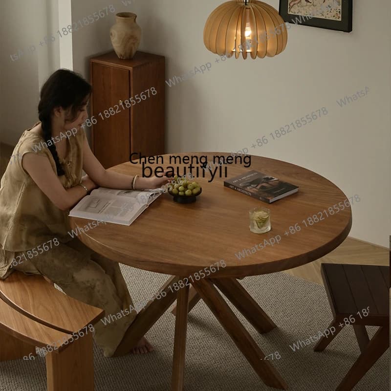 Vintage Solid Wood Round Dining Table Natural Teak Creative Design Retro Home Round Table