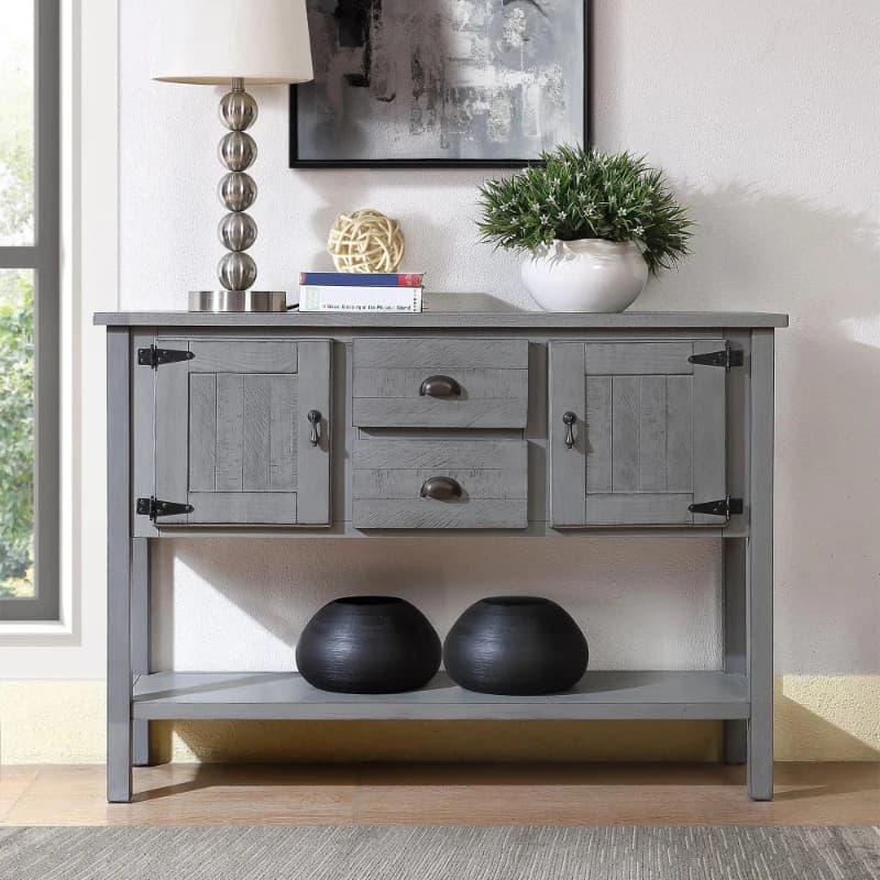 48'' Solid Wood Sideboard Console Table with 2 Drawers and Cabinets and Bottom Shelf, Retro Style Storage Dining Buffet Server