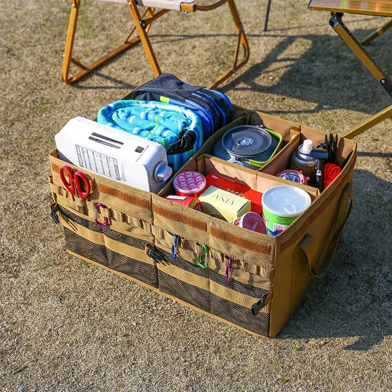 Khaki Foldable Oxford Cloth Car Organizer - Multifunctional Trunk/Seat Storage Box for Camping, Picnic & Road Trip