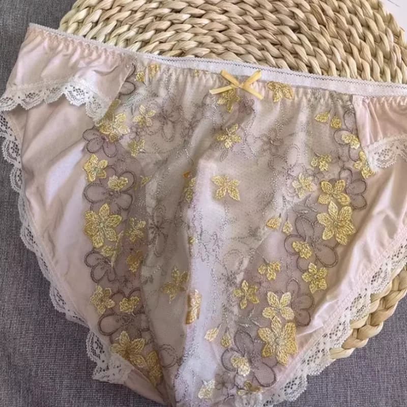 Embroidered Lace Ice Silk Splicing Men Mid Waist Lingerie Sissy Sexy Semi Transparent Undies Jockstrap Cute Sweety Print Briefs