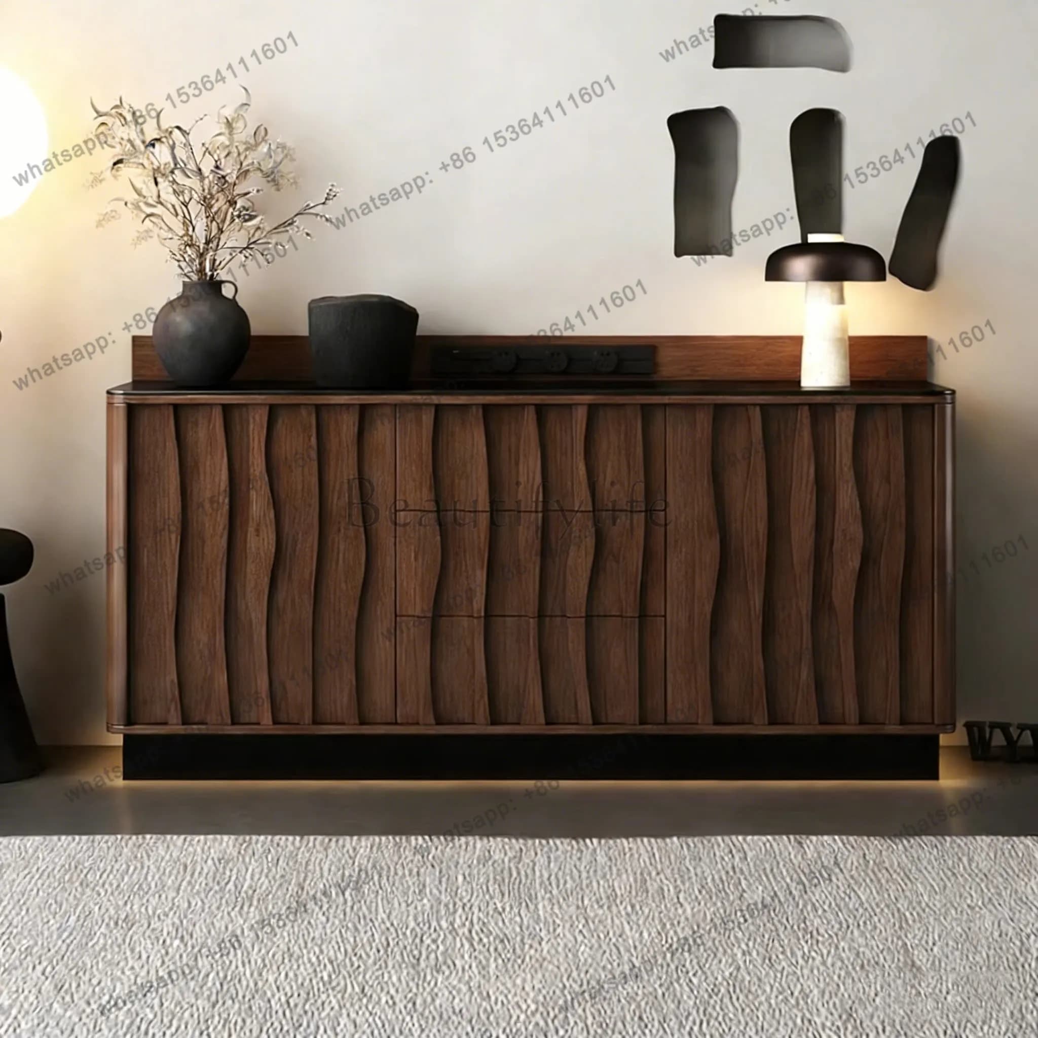 New Chinese side cabinet function black walnut ash wood solid wood restaurant hotel tea cabinet