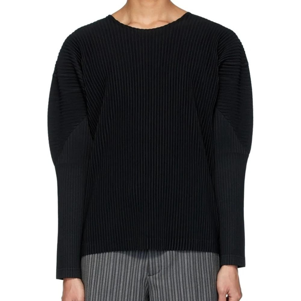ISSEY Classic Wrinkle Pattern Long-Sleeved T-Shirt Loose Shoulder Round Neck Casual Base Layer Shirt for Men Trendy