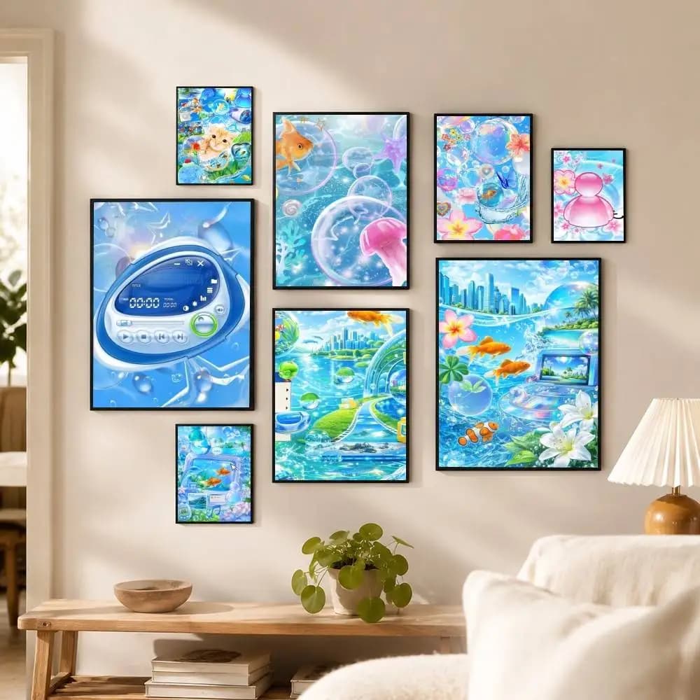 Frutiger Aero Aqua Nostalgia  Poster High Quality Dorm Living Room Aesthetic Wall Decoration Painting Stickers Gift