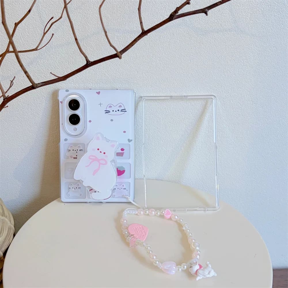 New Fashion Cartoon Cute cat stand Phone Case For Samsung Galaxy Z Fold 8 Ultra Z Fold 7 6 5 4 3 Shockproof Cover Chain