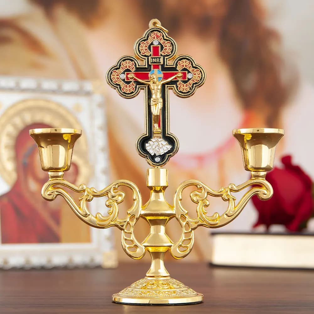 HTISOK Double Head Church Jesus Taper Candle Holders Religious Candlestick Gold Wedding Party Festival Candlestick Church Decor