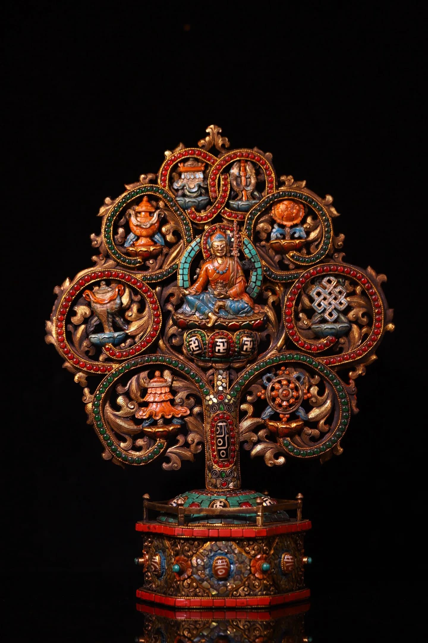 14"Old Bronze Mosaic Gem gZi Beads Turquoise Lucky Eight Treasures Buddha Bodhi Tree Statue Padmasambhava Seated Buddha