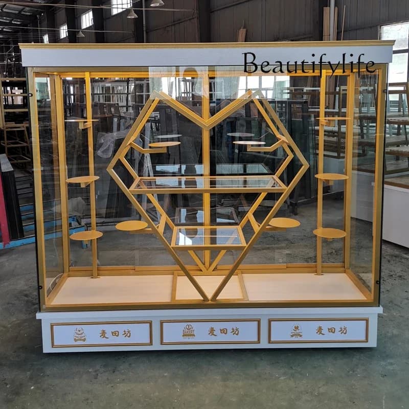 BJ White Bread Cabinet Birthday Cake Model Sample Cabinet Professional Gold Display Cabinet Wrought Iron Solid Wood Glass