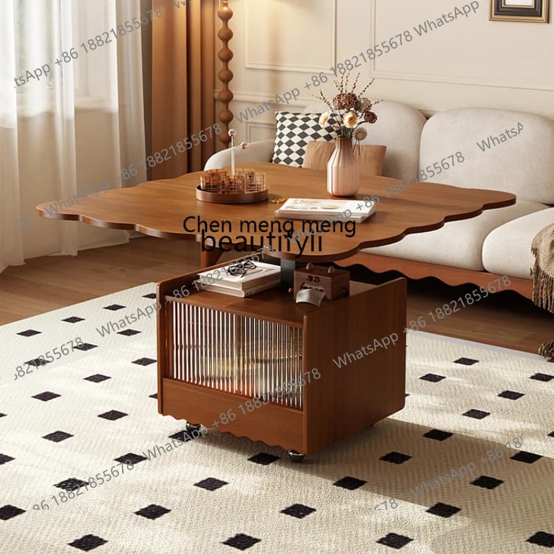 X French Solid Wood Foldable and Hoisting Coffee Table Dual-Use Small Apartment Living Room Movable Side Table Vintage Lace