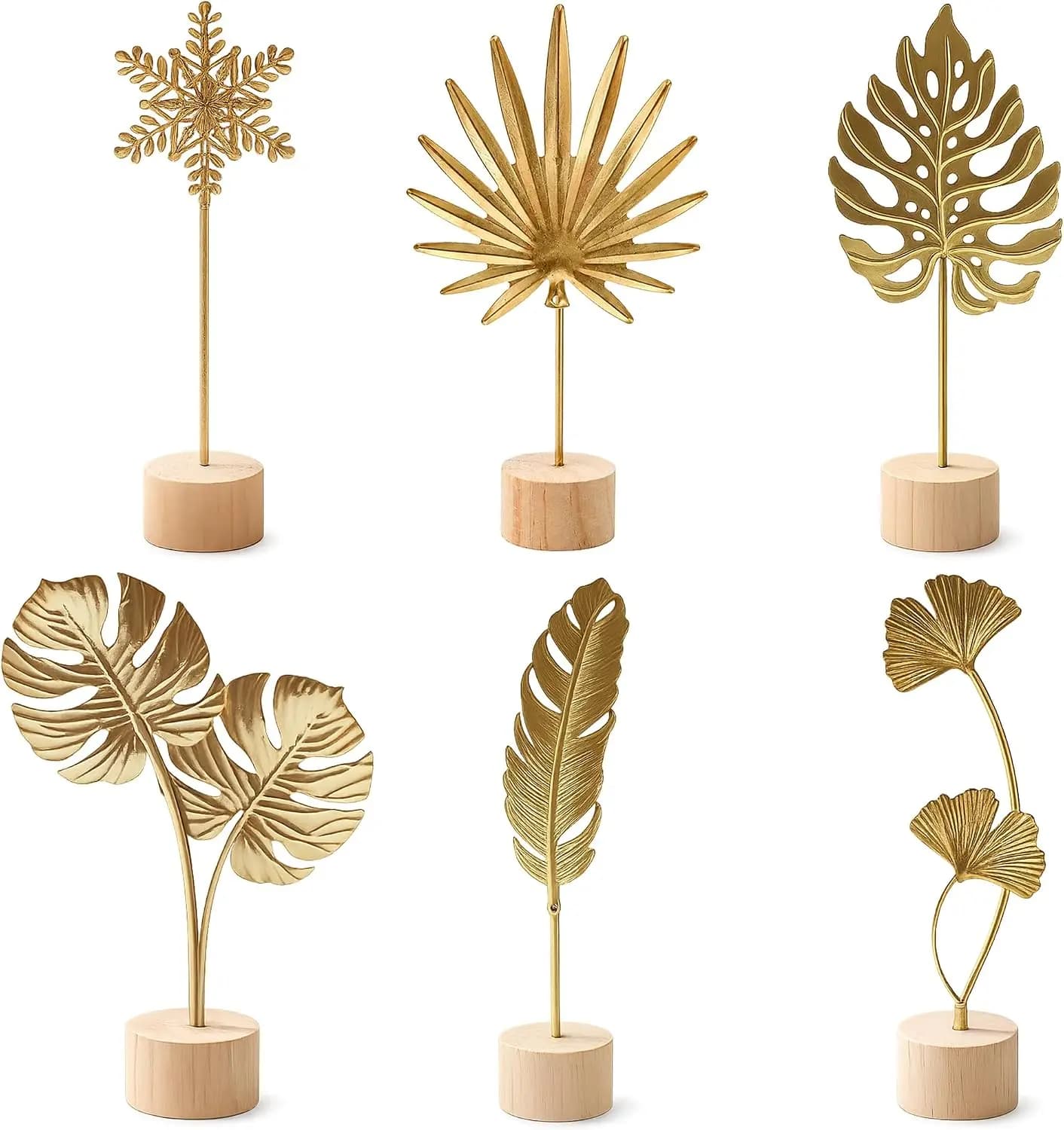 6PCS Home Decor Living Room Ornaments – Gold Leaf Metal Tabletop Sculptures for Office Desk, Modern Art Desktop Decoration with