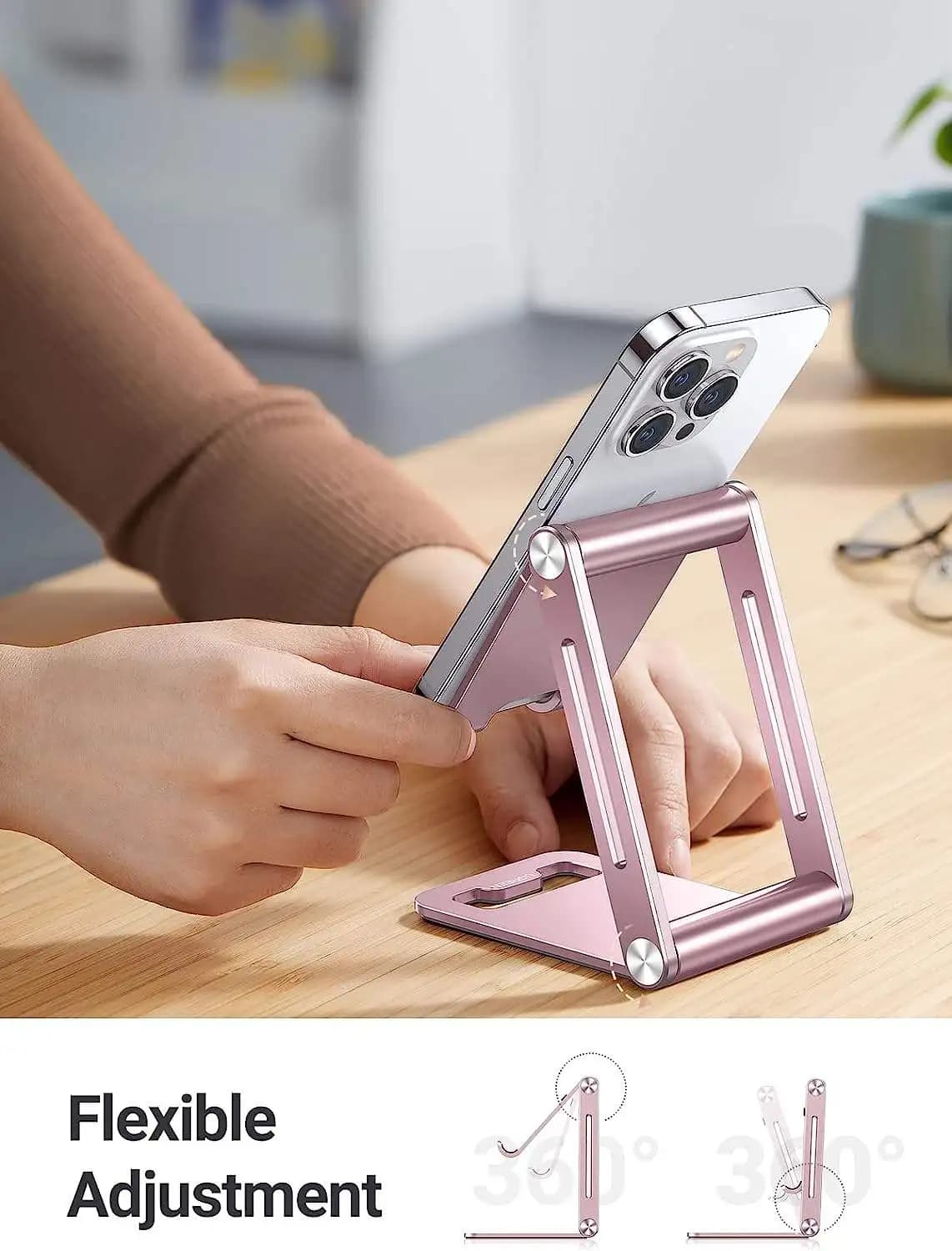 UGREEN Foldable Phone Stand Compact Basic Phone Stand Angle Adjustable Dual Supporting Arms Holder Pink