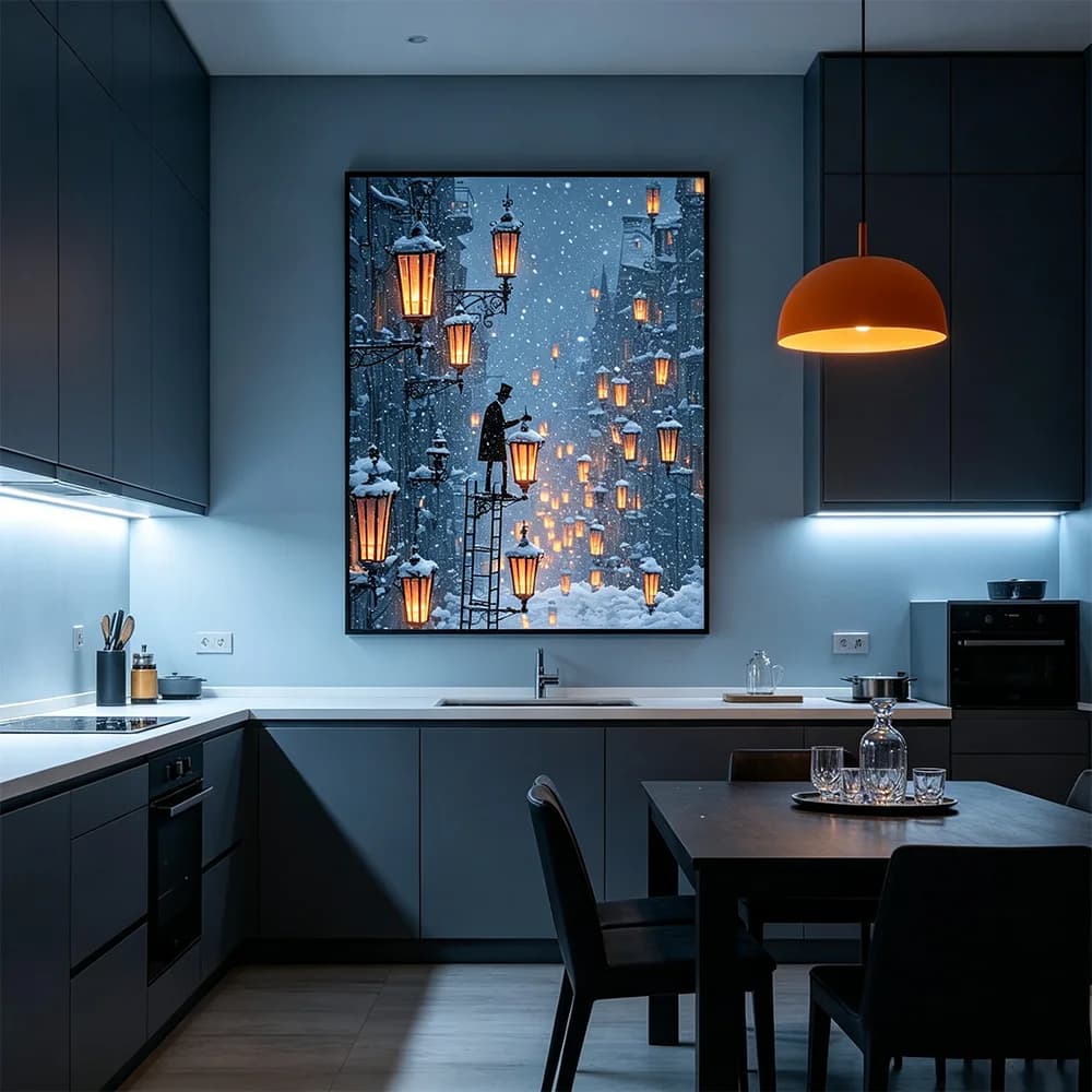 Snow Street Lamp House Landscape Poster Prints Wall Art Painting on Canvas Living Room Home Decor Fantasy Building Picture