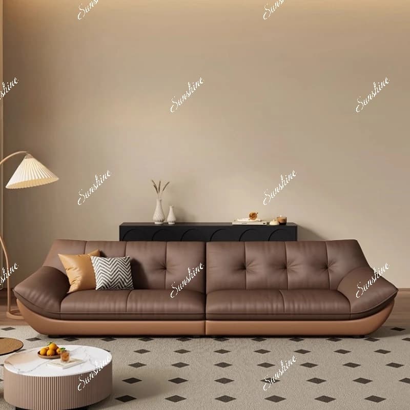 Italian leather sofa Living room simple modern small apartment inline splicing color cream style