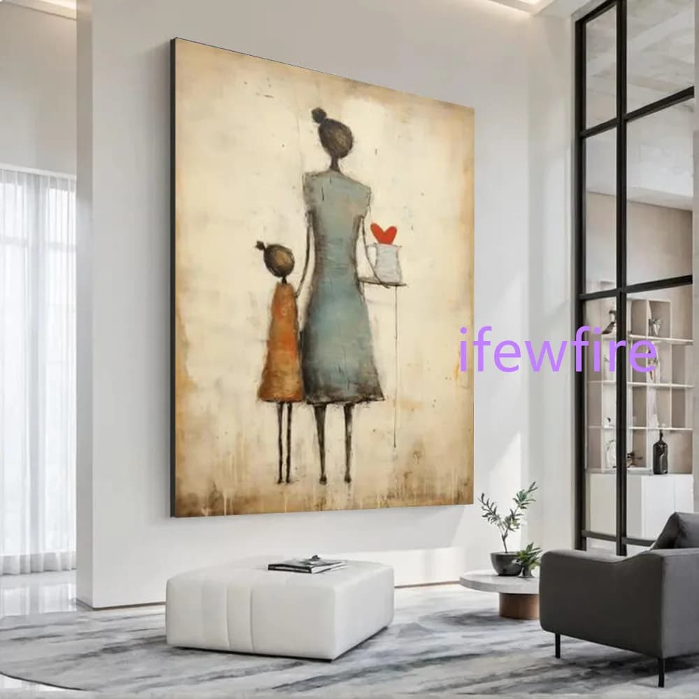100% Handmade Abstract Oil Painting On Canvas Intimate Mother and Daughter Wall Art Picture For Home Living Room Decor Image