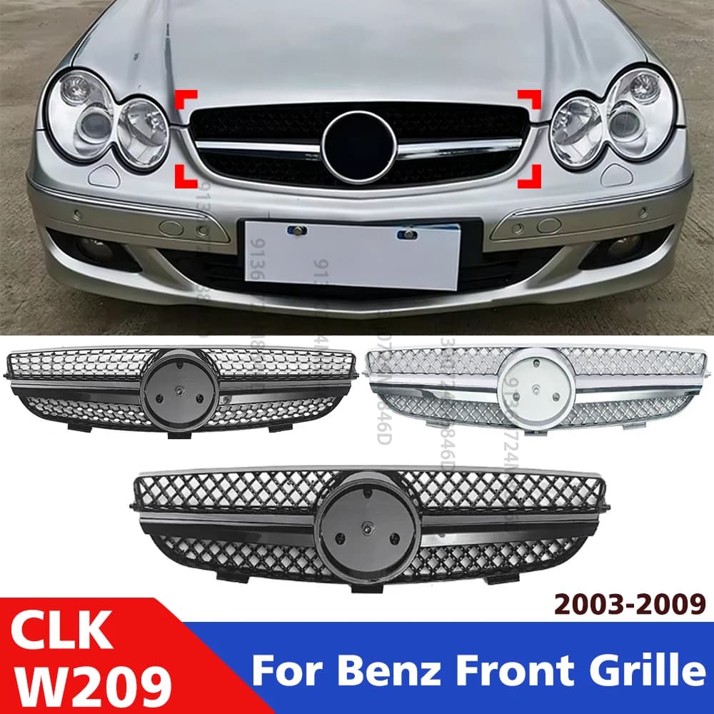Front Grille For Mercedes-Benz CLK W209 2003-2009,Glossy Black Style Sports Car Front Bumper Grill,Exterior Body Styling Part