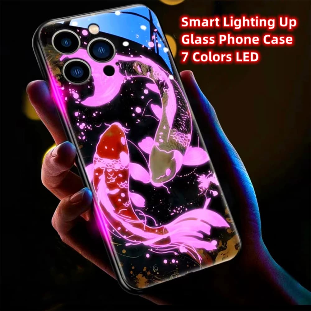 Chinese Koi Fish Smart LED Light Glowing Tempered Glass Phone Case For iPhone Air 18 17 16 E 15 14 13 12 11 Pro Max