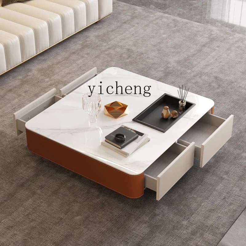 YFY  light leather coffee table modern living room high-end stainless steel square rock slab solid wood coffee table