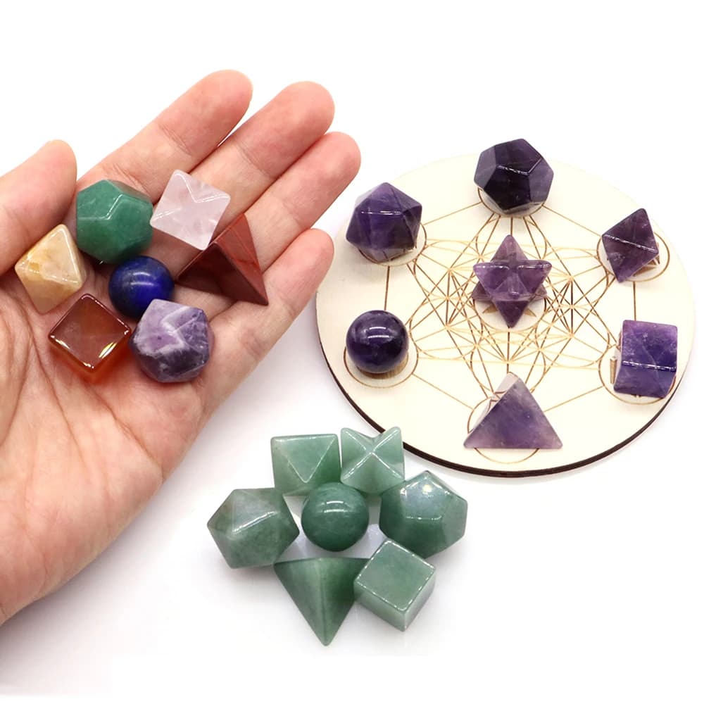 Sacred Stones Geometry Set, Natural Reiki Healing Crystal, Amethyst Rose Quartz, Chakra Luck, Home and Office Decor, Gifts 7 Pcs