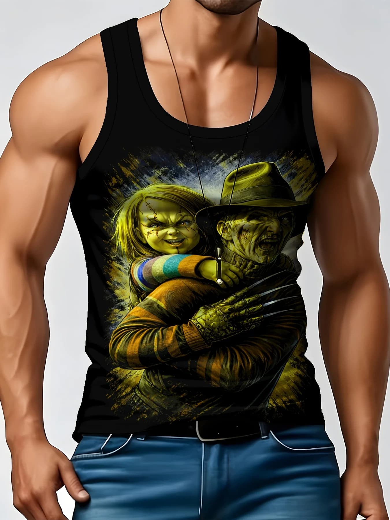 Men's Horror Halloween style Print Vest， Summer Casual Halloween Workout Tank Shirt Solid color Top