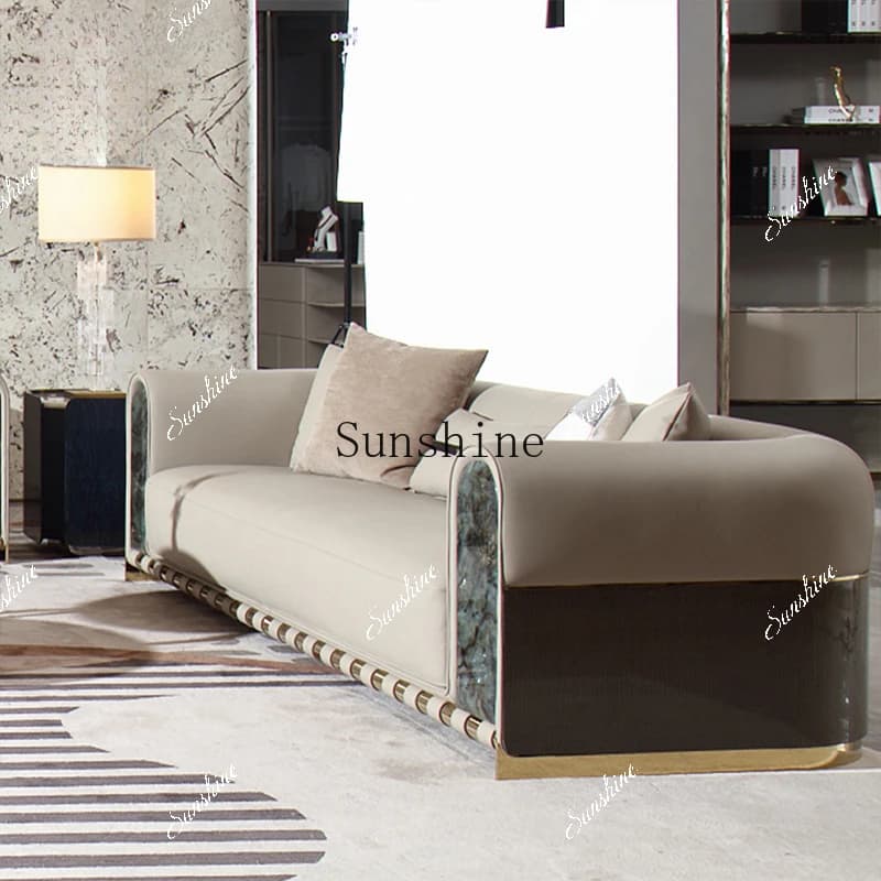 Italian light luxury leather high-end large flat-layer natural luxury stone three-person sofa L12  FT