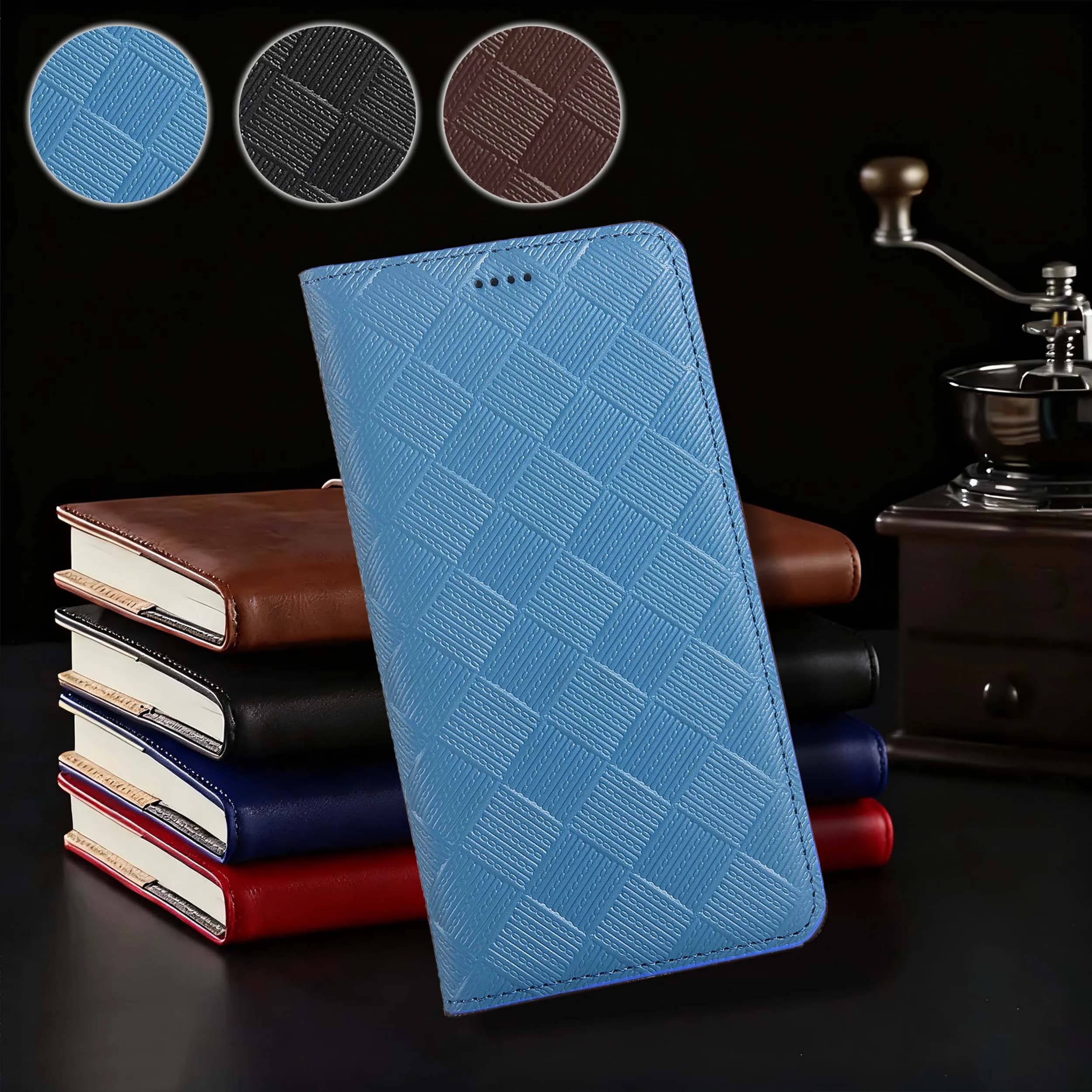 For Redmi Note 10 10S 11 12 12S 13 14 14S Pro Plus 4G 5G Turbo Knit Pattern Genuine Leather Wallet Flip Phone Cover Case Cowhide