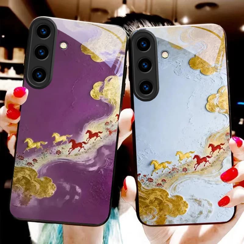 Golden steed galloping For For Samsung Galaxy S25+ S24+ S26 Ultra S25 Edge S24 FE S23 S22 S21 S20 Plus Black Glass Phone Case