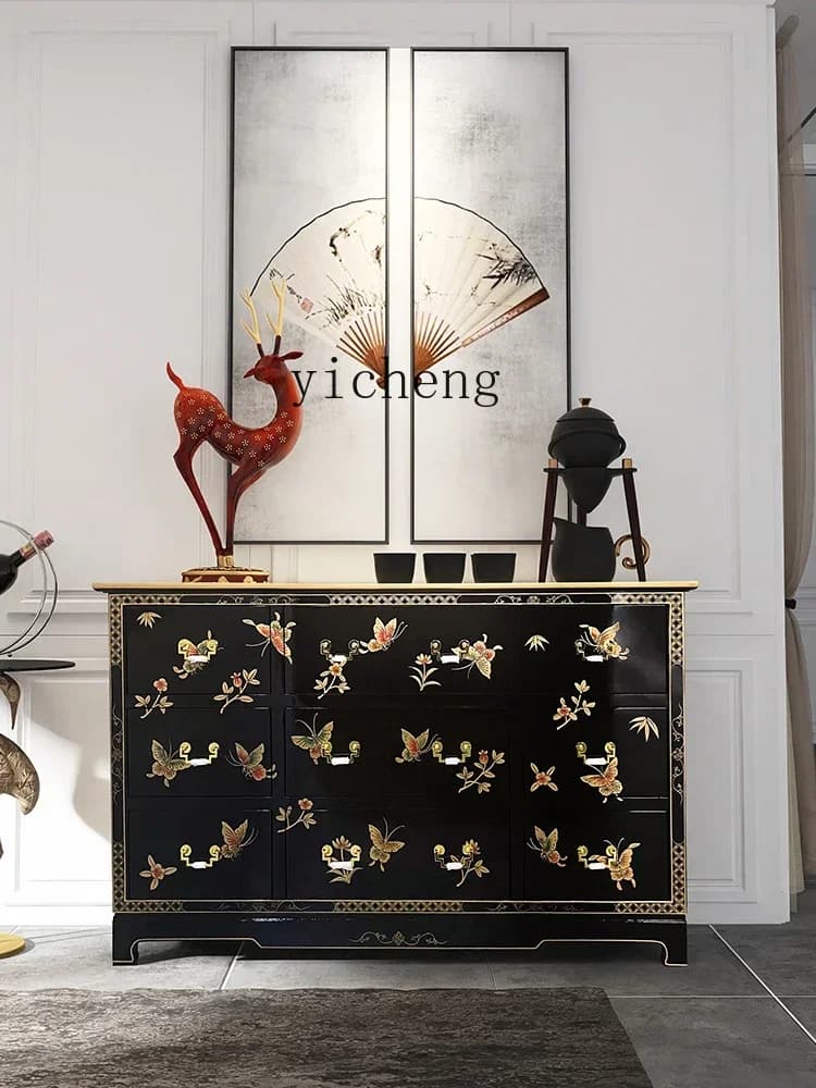 i10.9-Solid Wood Nine-Drawer Cabinet Hand Painted Butterfly Bedroom Furniture Drawer Storage Cabinet
