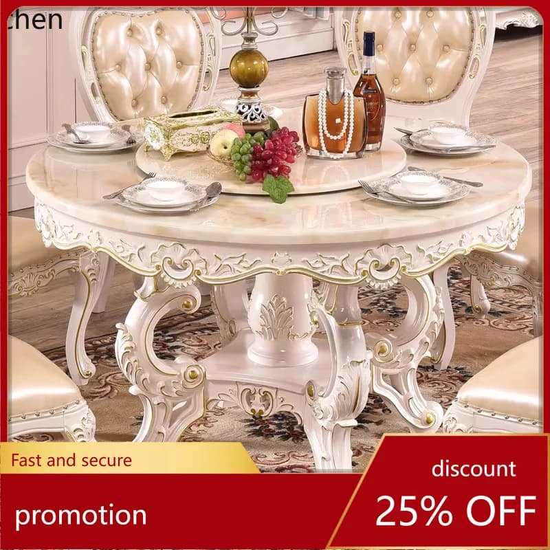 HT Dining Table and Chair Set Round Table Marble 6-Person Home Use Round Modern Simple Solid Wood Dining Table