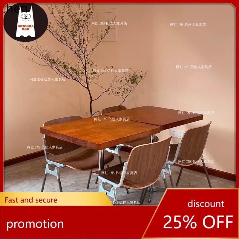 HT Cafe Baking Restaurant Solid Wood Table and Chair Combination Stainless Steel Small Round Square Table