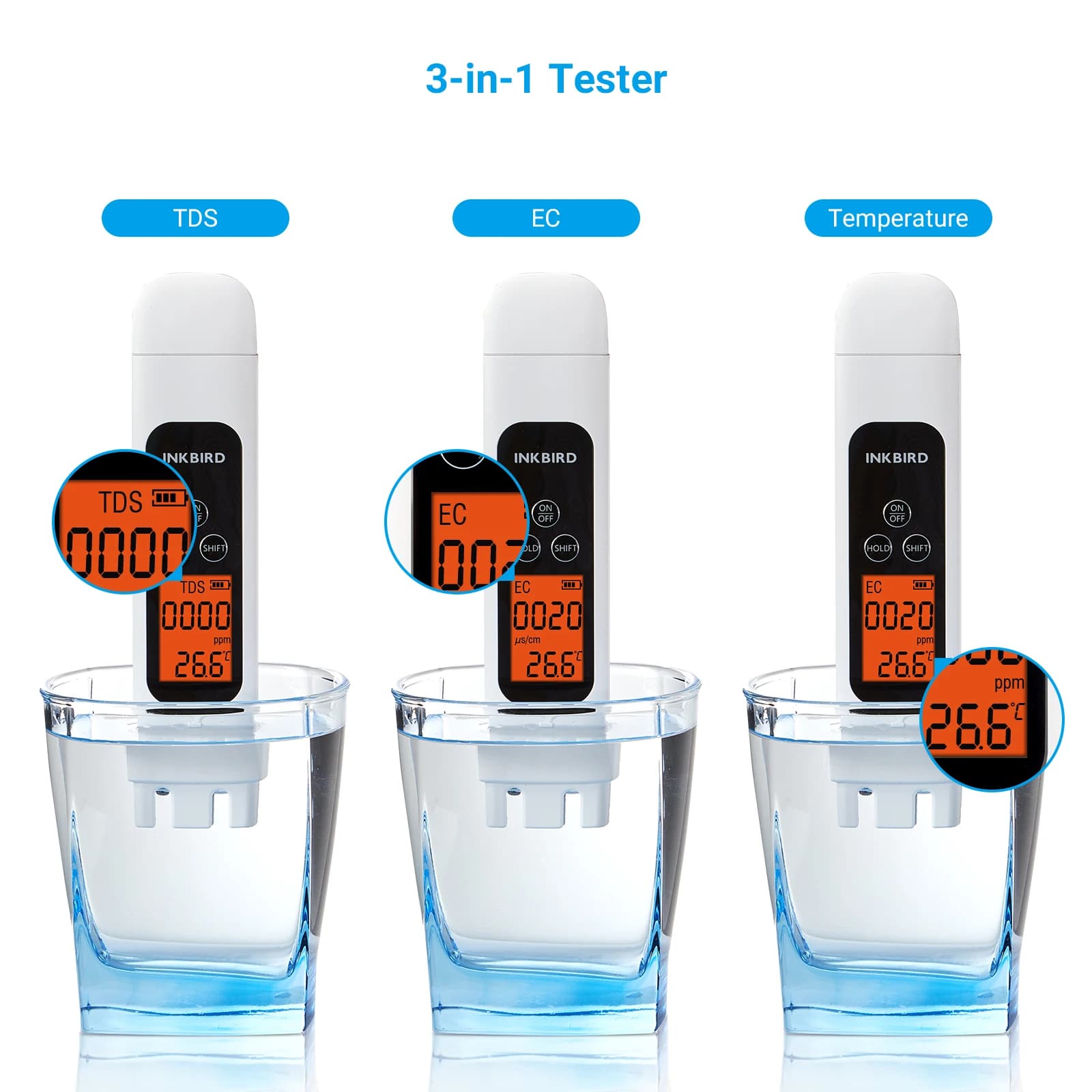 2026 Water Quality Tester TDS, EC & Temperature 3-in-1 Tester With ATC for Drinking, Domestic Water