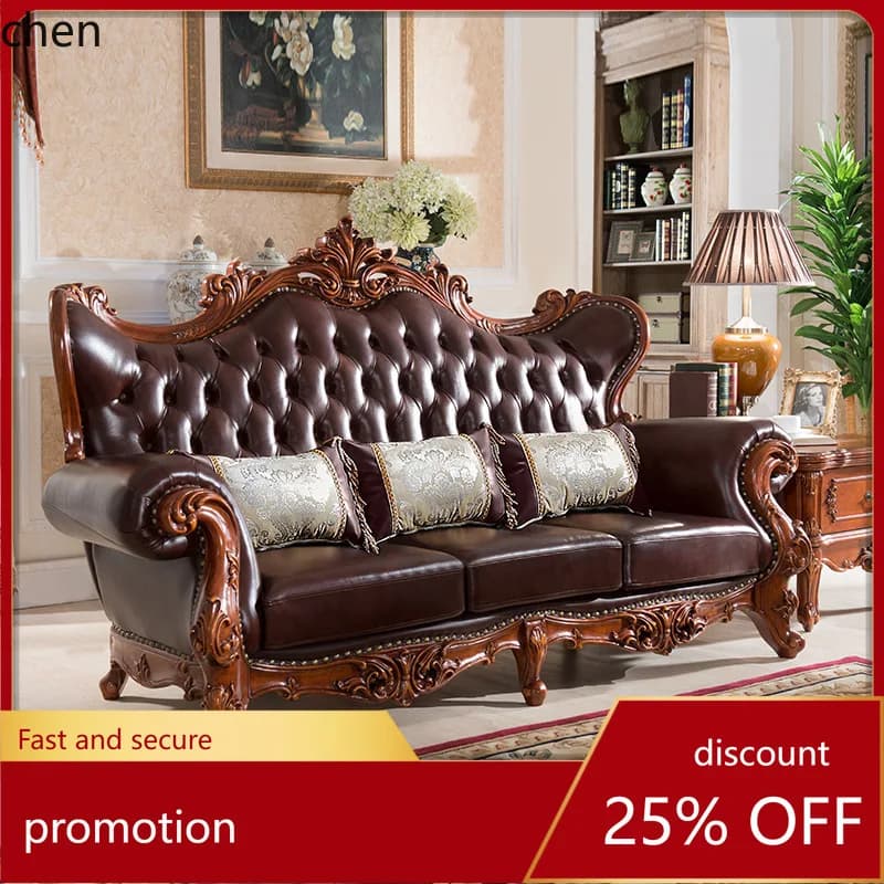 HT Solid Wood Sofa Living Room Furniture Genuine Leather Sofa Set Villa Furniture