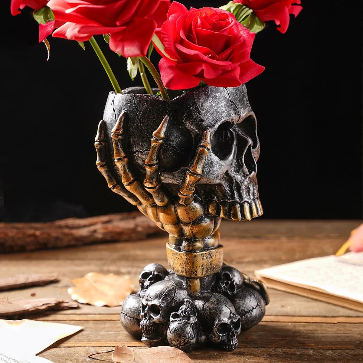 Halloween Punk Mechanical Skull Vase Resin Skull Head Flower Vase White Black Gold Silver Home Party Desktop Decor