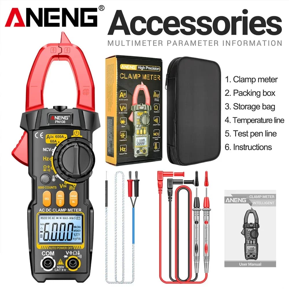 Clamp Meter Multimeter 6000 Counts AC/DC Voltage Tester ANENG PN108 600A Current Resistance Capacitance High Precision Test Tool