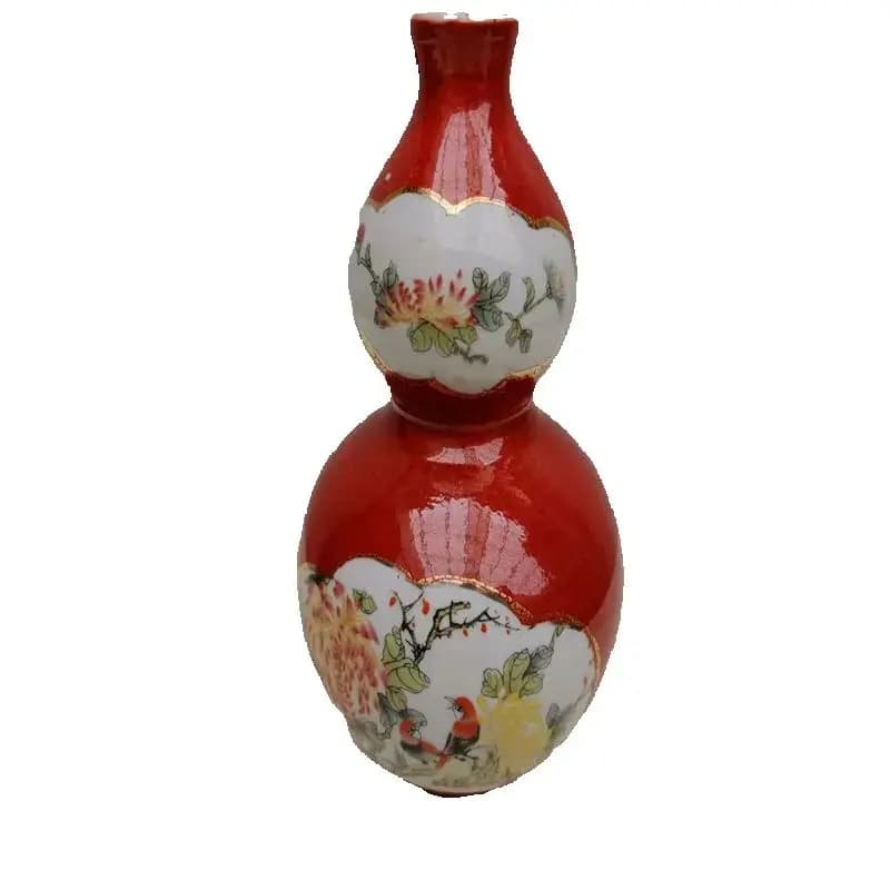 Chinese Old Porcelain red Pink open the window Flower and Bird double-gourd vase