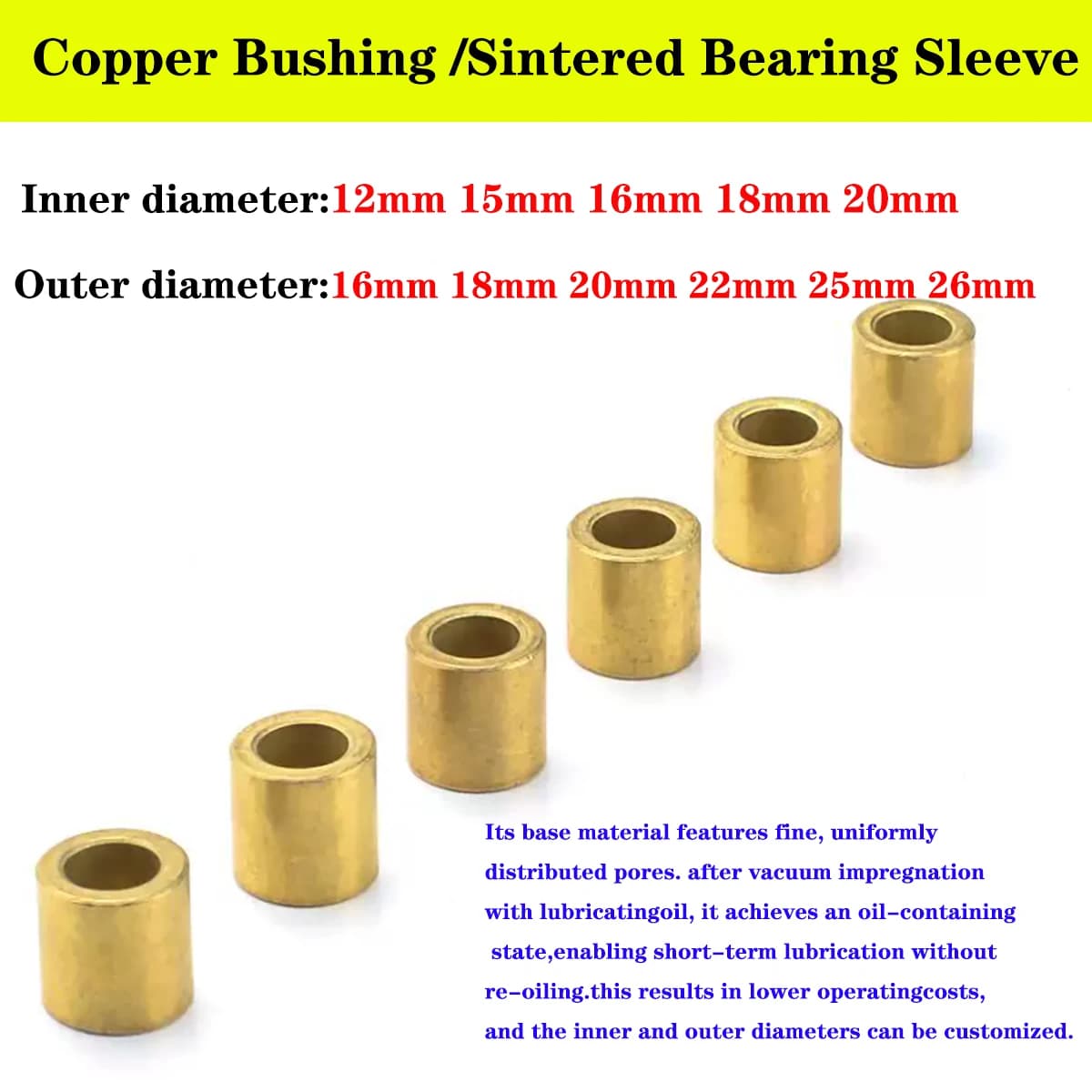 10pcs Sintered Bronze Bushing 12‑20mm ID Self‑Lubricating Copper Bearing Sleeve for Motor Fan Appliance Parts