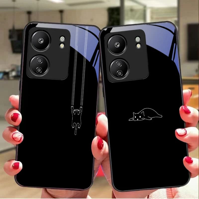 Cute white line cat For Redmi Note 7 8 9 8T 10 11 12 12S 13 14 Pro Plus 5G 13C 12 14C 5 3 4G Black tempered glass phone case
