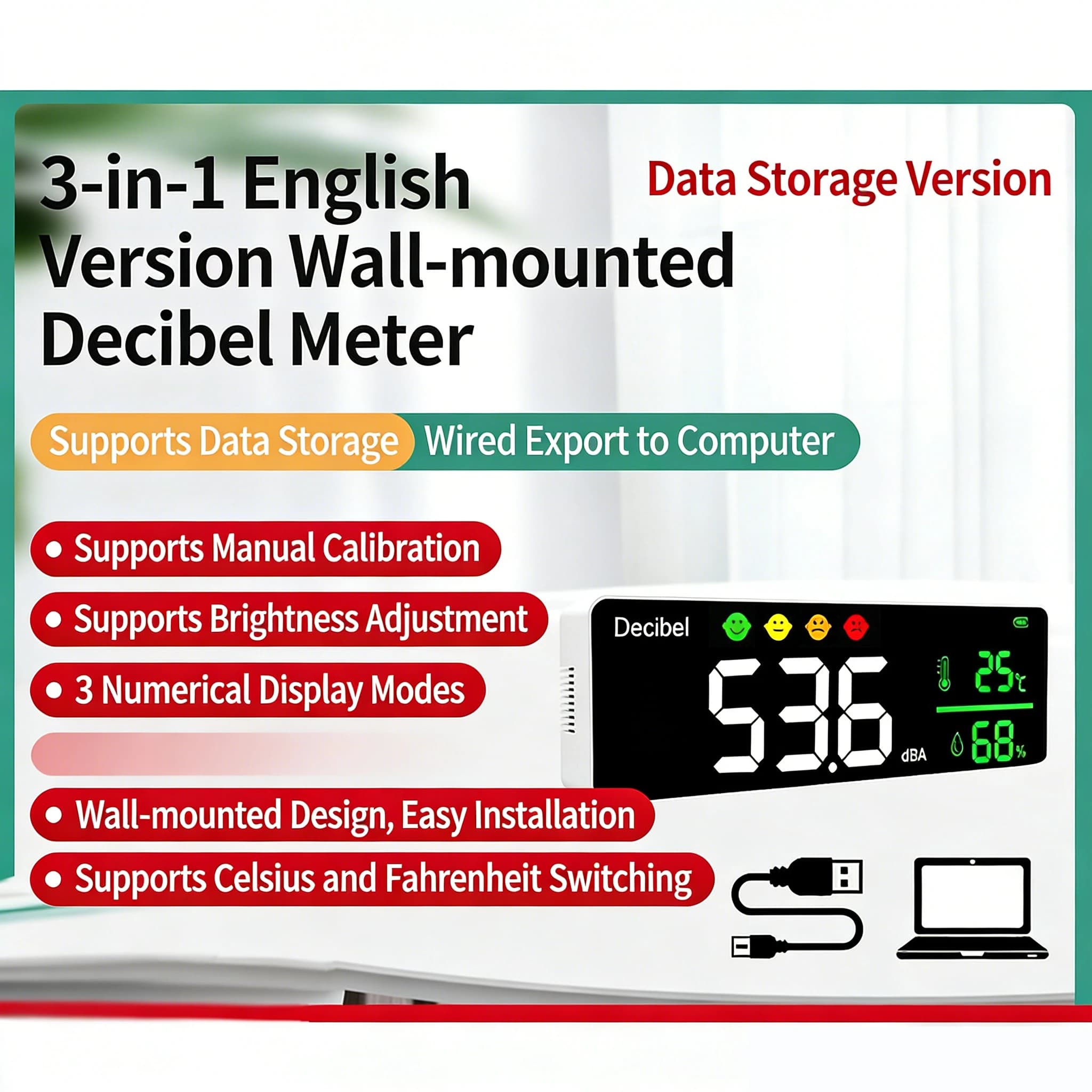 3-in-1 Wall Mounted Decibel Meter,Data Storage&Export Function,Over-limit Alarm,Rechargeable Noise Tester with Humidity Display
