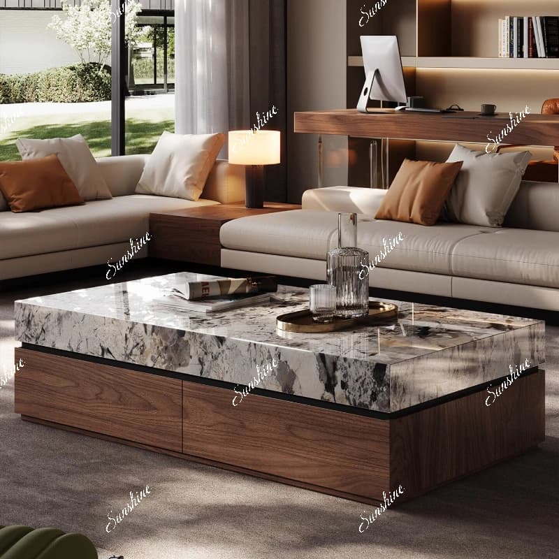 Italian minimalist high-end sense, medieval style, villa large flat floor rectangular coffee table combination