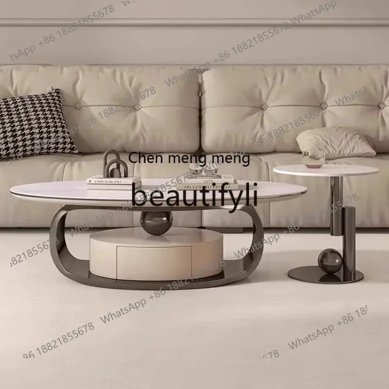 CQY Italian Style Light Luxury Rock Board Coffee Table with Drawer Living Room Side Table Combination Household Oval