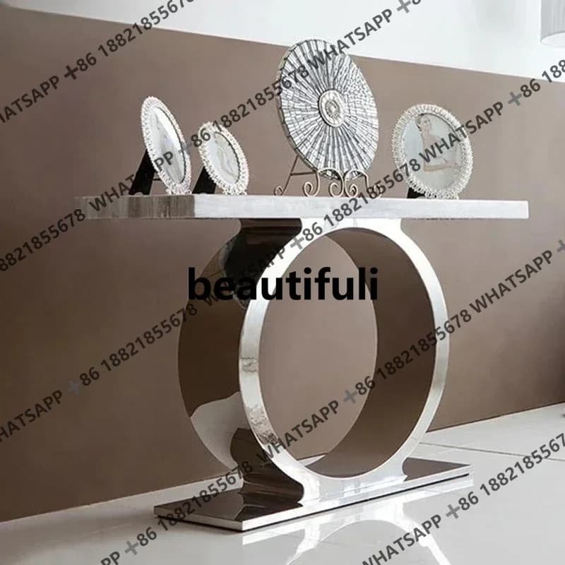 Light luxury stainless steel marble entrance table against the wall, modern simple and fashionable sofa back
