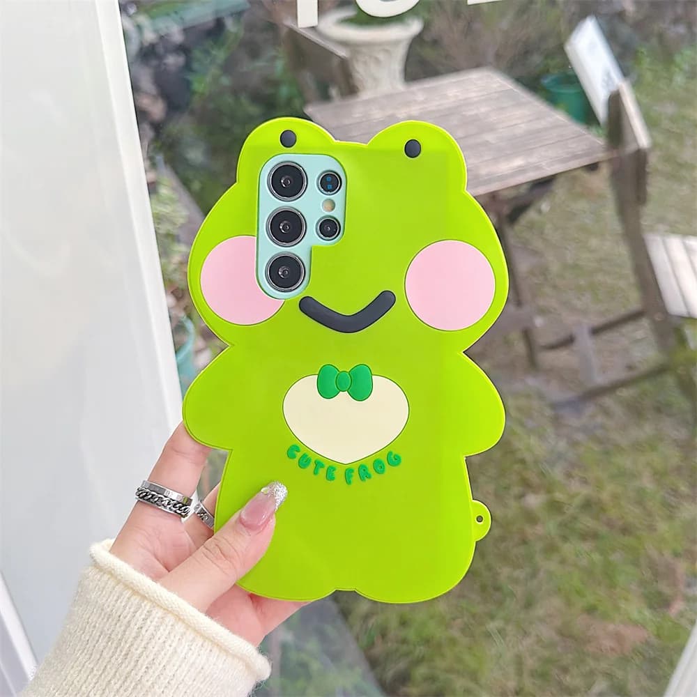 Adorable 3D Funny Cartoon Green Frog Bow Phone Case for S26 Ultra Soft Silicone Cover for SamSung Galaxy S25 S24 S23 A57 A56
